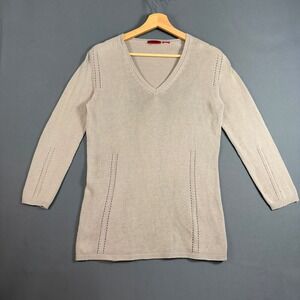 HUGO Womens Medium V Neck Knit Tunic Sweater Beige Long Sleeve Pullover